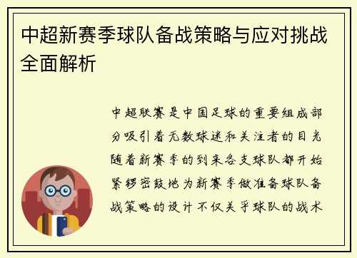 中超新赛季球队备战策略与应对挑战全面解析