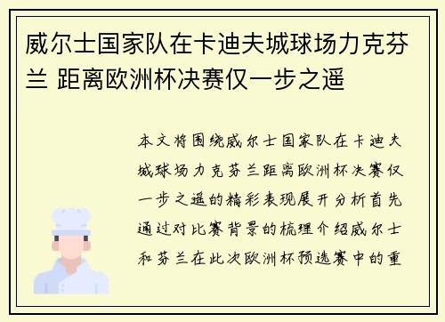 威尔士国家队在卡迪夫城球场力克芬兰 距离欧洲杯决赛仅一步之遥 威尔士国家队在卡迪夫城球场力克芬兰 距离欧洲杯决赛仅一步之遥
