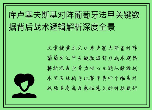库卢塞夫斯基对阵葡萄牙法甲关键数据背后战术逻辑解析深度全景